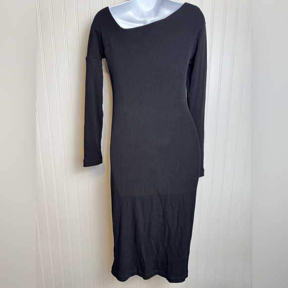 Enza Costa Black Ribbed Bodycon Midi Dress Long Sleeve Medium P1 - Picture 2 of 4